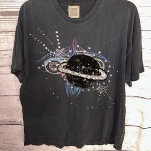 First Of A Kind Black Short Sleeve Sequin Planet Tee